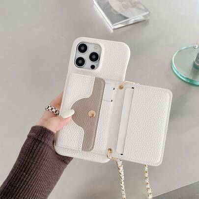 1pc Multi-Function Phone Case With Built-In Mirror Wallet, Slip-On Style, Lychee Pattern, High-End PU Leather Waterproof Shockproof Anti-Fall Scratch Resistant