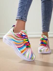 Women's Premium Colorful Rainbow Low-Top Lace-Up Sneakers, Classic Comfortable Breathable Soft Bottom Sports Running Shoes For Casual Tennis Walking All Season. Fashionable Air Cushion Shock Absorbing Sneakers