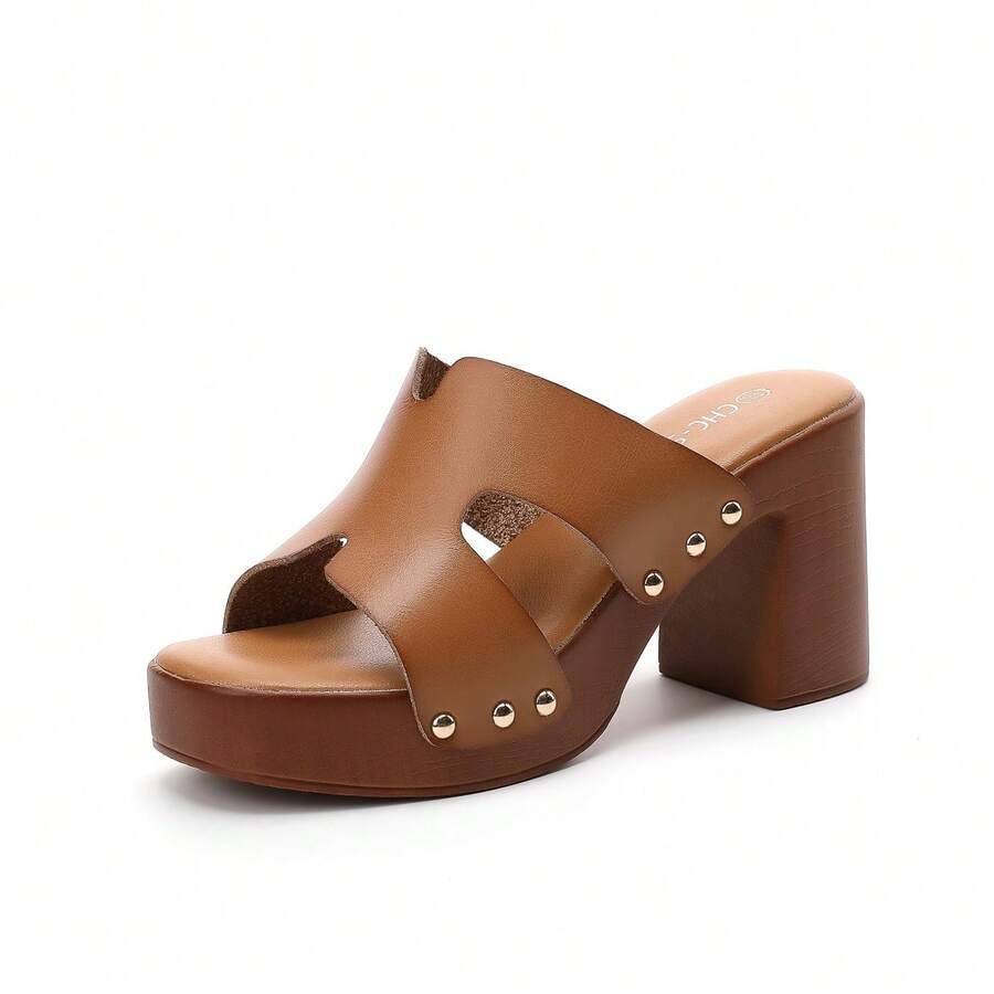 Women's Thick Sole Comfortable High Heel Slide Sandals For Everyday Wear Summer Sandals For Women - Khaki - View 1