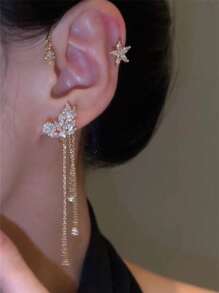 1pc Elegant Diamond Star & Leaf Tassel Ear Cuff Earring, Versatile Jewelry Gift For Women, Daily Wear