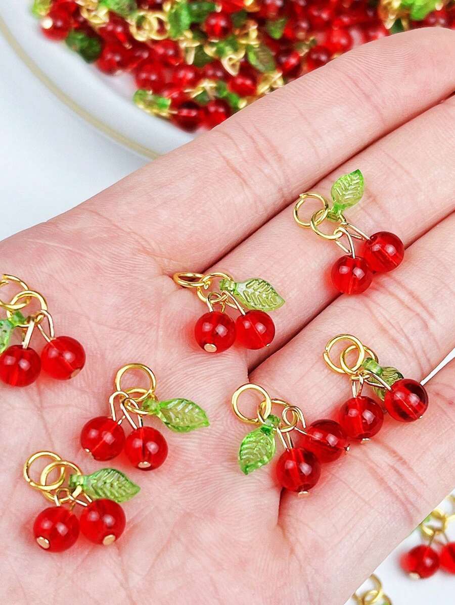 10 pièces Pendentifs de décoration de cerise, bijoux de cerise en fruits faits à la main, accessoires DIY, en plastique ABS, décoration d'été mignonne