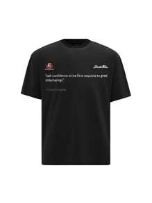 MT99 Amerykański napis Letter Print Okrągły Dekolt Szybko Schnący Oddychający T-shirt, Modny Ciężki Casual Top, Kolor Czarny