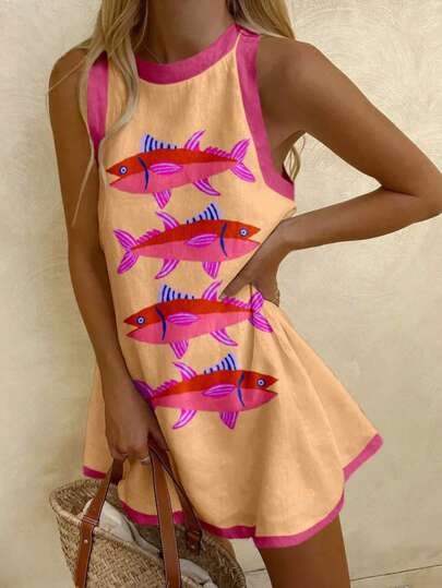 BOHO Seaside Vacation Sardine Tropical Fish Clashing Sleeveless Mini Dresses