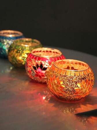 1pc Colorful Mosaic Glass Candle Holder, Romantic Candlelight Dinner Decor