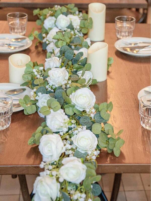 1pc 1.8m / 2.2m Artificial Eucalyptus Flower Garland, With Flowers, 6 /10 White Rose Vine Flower Garland, Home Decoration, Artificial Vine, Green Plant Flower Garland, Wedding Party Center Decoration, Table Decoration, Background Wall Decoration, Pipe Decoration, Wedding Essential, For Dining Room, Bedroom, Kitchen Decoration, Wedding Decoration, Office Decoration.
