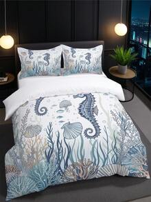 3 Stücke Bettbezug-Set mit Seepferdchen-Motiv (1*Bettbezug + 2*Kissenbezüge, ohne Füllung), mit Seestern- und Korallen-Muster, weich, bequem, atmungsaktiv, langanhaltend, pflegeleicht, knitterfrei, maschinenwaschbar, beugt Sehermüdung vor, geeignet für alle Jahreszeiten, mit Reißverschluss, geeignet für Hotel, Schlafzimmer, Gästezimmer und Studentenwohnheim, allergikerfreundlich, modernes, einfaches Ozean-Thema - Verschiedenfarbig - Übersicht 9