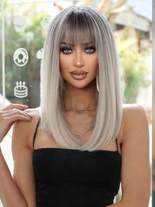 Peruca de 14 polegadas, Peruca de Cabelo Sintético com Gradiente Rosa para Mulheres, Cabelo Médio Liso com Franja, Adequada para Uso Diário, Festa, Festa, Férias, Natural, Elegante, Romântica, Sexy, Simples