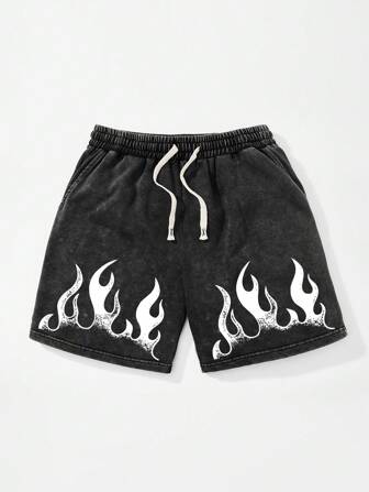 Shwiy Herrshorts med slitet flammmönster i plusstorlek, casual, enkel design för skola och vardagsbruk, emo, 2000-talsstil