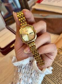 1 Reloj de dama francés retro estilo dorado cuadrado, resistente al agua, con calendario, de cuarzo. Elegante, artístico y personalizado. Ideal para uso diario, fiestas, banquetes, citas, festivales y decoración de muñeca. Incluye herramienta de ajuste.