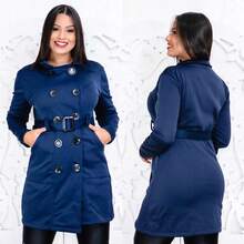 WOMEN'S OVERCOAT WITH BUTTONS AND LARGE BELT - 藍色 - 查看 1