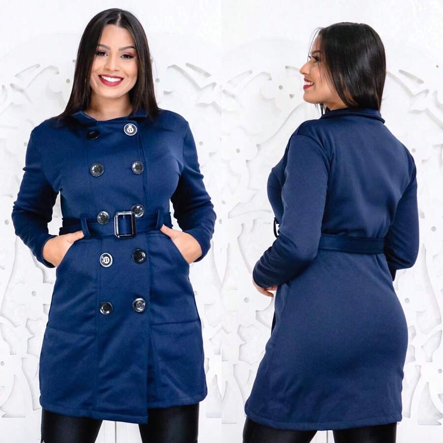 WOMEN'S OVERCOAT WITH BUTTONS AND LARGE BELT - 藍色 - 查看 1