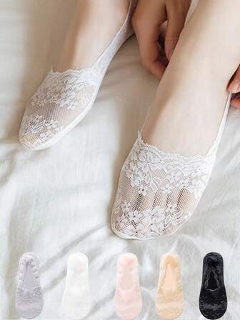 1/5 Pairs Fashion Deep Mouth Boat Socks Cherry Blossom Lace Non-Slip Invisible Short Socks Striped Light Socks Christmas Gift