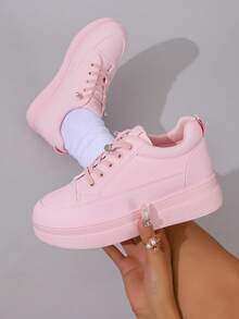 Beige Fashionable Versatile Slip-On Platform Thick Bottom Wedge Sneakers For Women, Suitable For Spring & Autumn - Pink - View 7