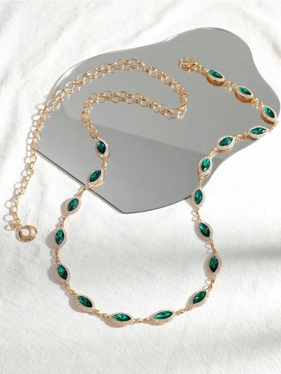 1pc Luxury Green Gemstone & Rhinestone Decorated Waist Chain, Versatile Accessories For Dresses, Jeans, High-End Metallic Fine Waist Belt - Green - View 1