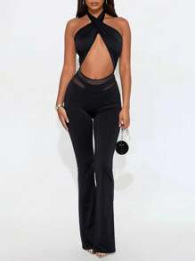 1pc Women's Fashionable Casual Elegant Sleeveless Strappy Mesh Panel Flared Leg Jumpsuit, Suitable For Spring/Summer/Autumn, Adult Party, Graduation, Music Festival, Celebration