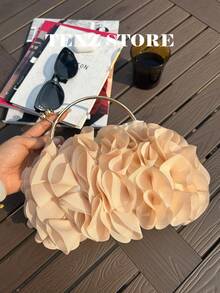 Apricot Floral Petal Handbag, Chiffon Ruffle Floral Decor, Gold Handle And Shoulder Strap, Large Capacity For Phone, Lipstick, Suitable For Wedding Guest, Party, Gala, Dinner Date, Cocktail, Graduation Ceremony And Formal Occasions - Apricot - View 8