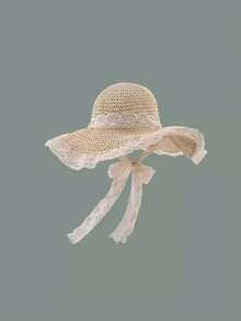 1pc Women's Straw Hat, Lace Trim Wide Brim Sun Hat For Summer Beach Holiday, Fashionable And Face-Slimming - Beige - View 9