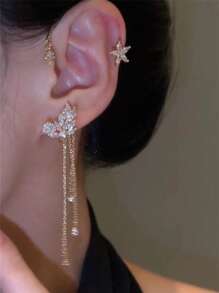 1pc Elegant Diamond Star & Leaf Tassel Ear Cuff Earring, Versatile Jewelry Gift For Women, Daily Wear
