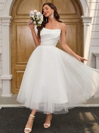 YUMIBRAVO Elegant Solid Color Mesh Patchwork Strapless Wedding Dress