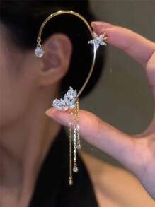 1pc Elegant Diamond Star & Leaf Tassel Ear Cuff Earring, Versatile Jewelry Gift For Women, Daily Wear