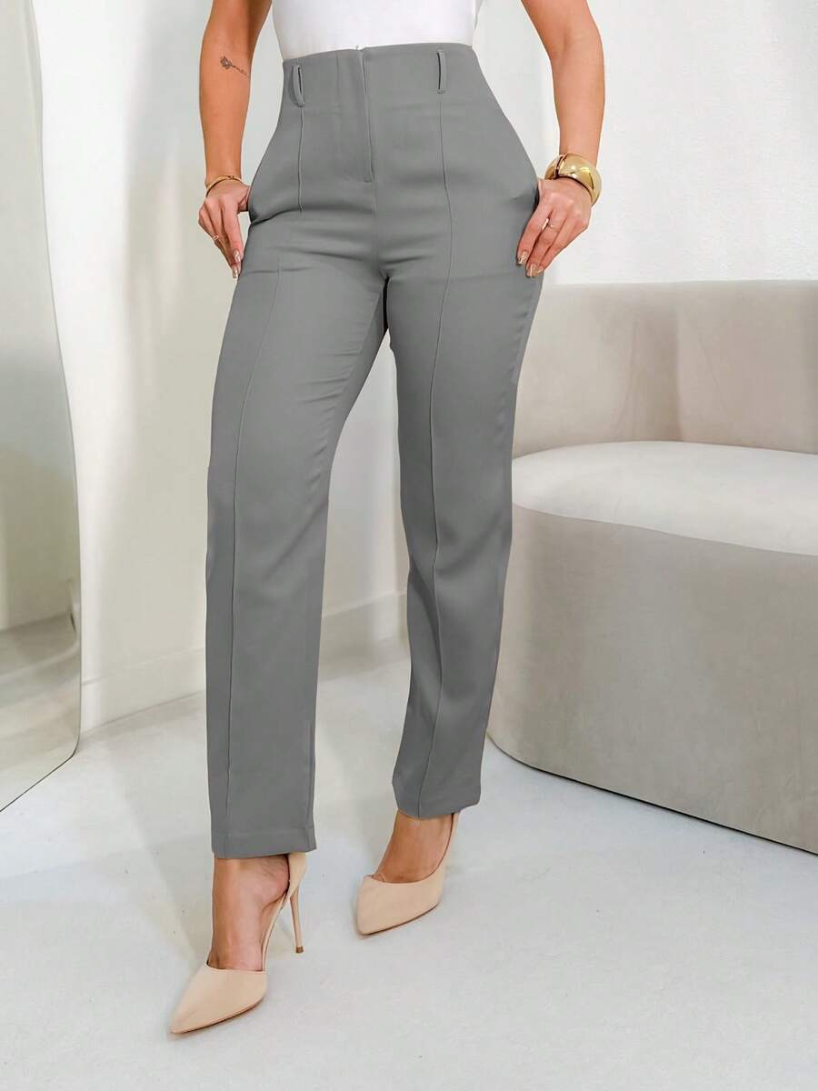 FASHION MO FEMININE - 3283 Tailored Pants, High Waist, With Side Pockets, Straight Leg, Elegant, Formal, Modern, Blogger, Vibrant Colors National Shipping New Collection - Flint Stone - View 1