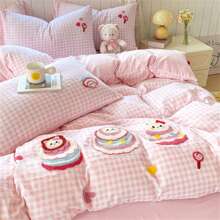 4Pcs, Gingham Bedding Set With Cute Cartoon Embroidery – Stylish Bedroom Decor For Global Shop