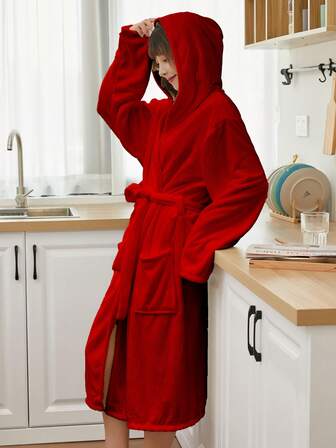 1 件女式纯色连帽浴袍，柔软舒适保暖浴袍，带口袋和腰带，适合浴室、泳池、四季夏季婚礼家居浴室装饰沙滩装