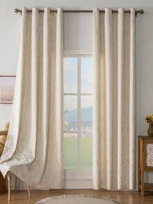 1 件法式农舍风格竹条纹重提花遮光窗帘，适用于卧室、客厅、阳台、书房和家居装饰 - 米色 - 查看 2