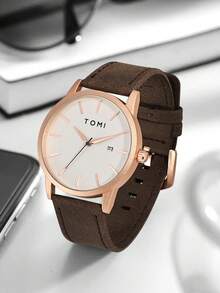 1pc TOMI Zinc Alloy Strap Quartz Watch For Men, Simple Design Suitable For Everyday Wear - Brown - View 3