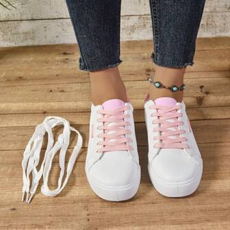New Solid Color Lace-Up Flat White Sneakers For Teenagers, All Seasons