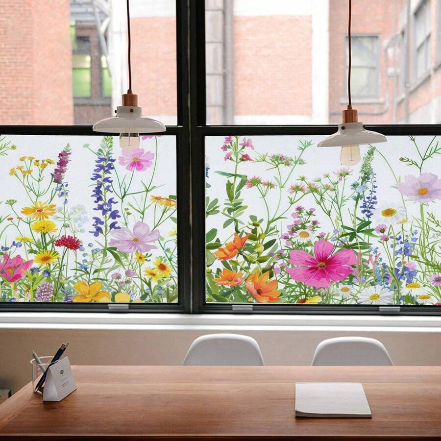 1 Stück Buntglas-Fensterfolie mit Frühlingsblumen, Fensterverkleidungsfolie mit geätztem Glas-Effekt, klassisch europäischer, farbenfroher Dekorfilm für Küche und Zuhause