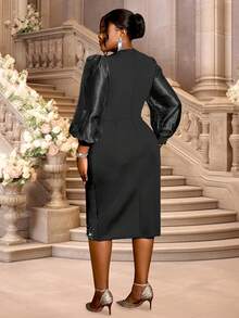 Women's Black Plus Size Rhinestone Splice Sheer Mesh Sleeve V-Neck Gorgeous Beaded Festival Party Dress For Birthday, Wedding Guest, Graduation, Dinner, Homecoming, For Cocktail - Black - View 2