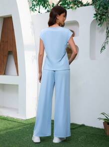 Set de bluză și pantaloni sport fără mâneci, culoare solidă, pentru femei, primăvară/vară