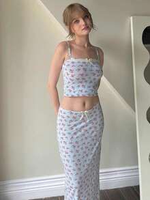 Summer European And American Style Ditsy Floral Bow Lace Trim Camisole Long Dress 2 Pieces Set, Vacation Casual Elegant