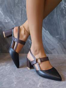 Faux Fur Slipper Mules, New French Style Pointed Toe Metallic Strap High Heel Slide Sandals - Black - View 1