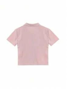 Women Summer Fitted Polo Collar Plain Color Short Sleeve Casual T-Shirt, Slim Fit Zippered Cropped Tops, Fashion Pink - Pink - View 5