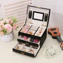 1pc Luxury Leather 3-Drawer Jewelry Box, Travel Carrying Jewelry Organizer For Earrings, Necklaces & Other Accessories With Lock