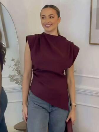 HH 女士优雅纯色垫肩无袖背心办公室女士休闲褶饰不对称拉链修身 T 恤