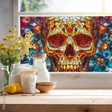 1 Rolle leicht zuschneidbare einseitig bunte Skelett Fensterfolie mit Frosteffekt, statische Haftung ohne Klebstoff, Buntglas Fensterfolie Kunst Dekoration, Fensteraufkleber, Fenstersticker