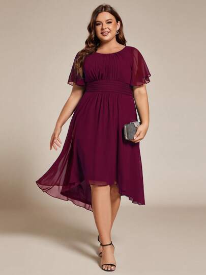 EVERPRETTY Plus Size Elegant Chiffon Round Neck Short Sleeve High-Low Burgundy Bridesmaid Dress With High Waist