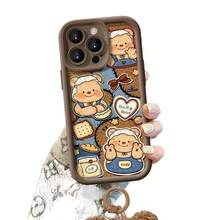 1 件适用于 16 17AIR 17PROMAX 11 12 13PROMAX 14PROMAX 15，浅棕色 + 棕色熊腕带 - 秋冬泰迪熊手机壳