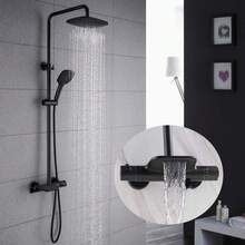 PHASAT Duschsystem Schwarz Thermostat Duscharmatur Duschset Regendusche mit 3 Funktion Handbrause und Überkopfbrause SB05D - Schwarz (schwarz) B - Übersicht 1
