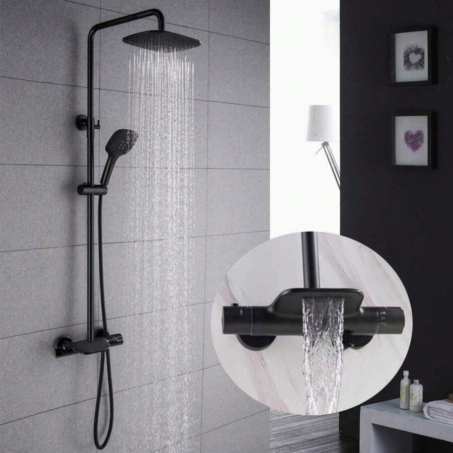 PHASAT Duschsystem Schwarz Thermostat Duscharmatur Duschset Regendusche mit 3 Funktion Handbrause und Überkopfbrause SB05D - Schwarz (schwarz) B - Übersicht 1