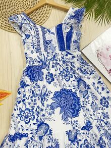 Long Dress PRINTED With Lining With Cup In Beautiful, Fashionable CREPINHO Fabric - Blue - View 5