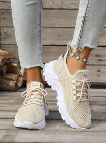 Thick Sole Beige Casual Sports Shoes, Round Toe Lace-Up Knitted Mesh Breathable Flat Light Weight Running Sneakers, All Season