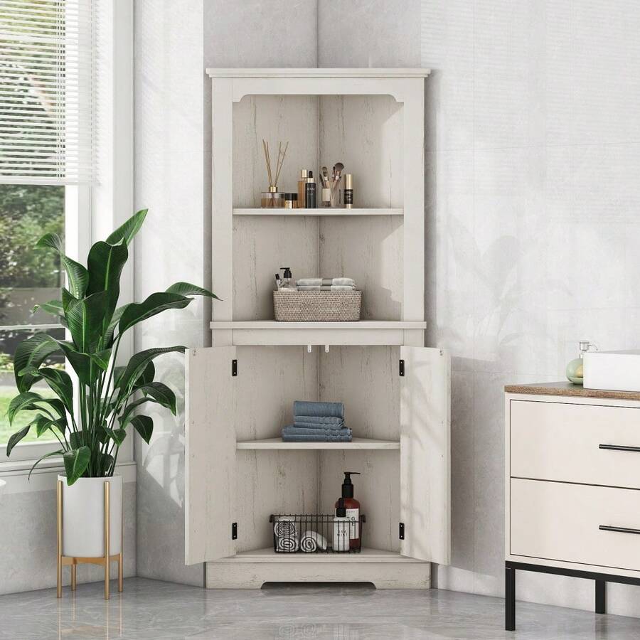 Armario de esquina alto con puertas para la sala de estar, el baño, el comedor o la cocina - Beige + Tablero de partículas + MDF - Ver 1