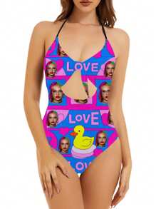 1 pieza Traje de baño personalizado de una sola pieza para mujeres, traje de baño de mujer con diseño hueco y moño, sexy y de moda, traje de baño de correas sin mangas para piscina, playa, vacaciones, chicas