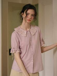 Simple Retro Woven Shirt With Floral Ruffled Collar And Tie - Up Cuffs For Spring And Summer - Purple - View 7