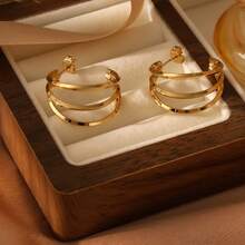 A Pair Of 18k Gold Jewelry Three-Layer Stud Earrings, Elegant Stainless Steel Geometric-Shaped Luxury Earrings For Women, Suitable For Everyday Wear, Parties, And As A Jewelry Gift. - Yellow Gold - View 18