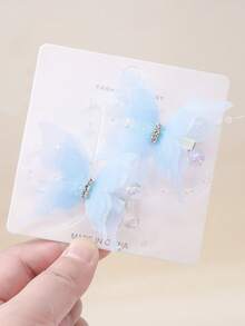 Set de 2 pinzas para el cabello con mariposa de malla con rhinestones en azul claro y pinzas para el cabello con perlas tipo sirena para niñas/adolescentes, para uso diario - Azul - Ver 3
